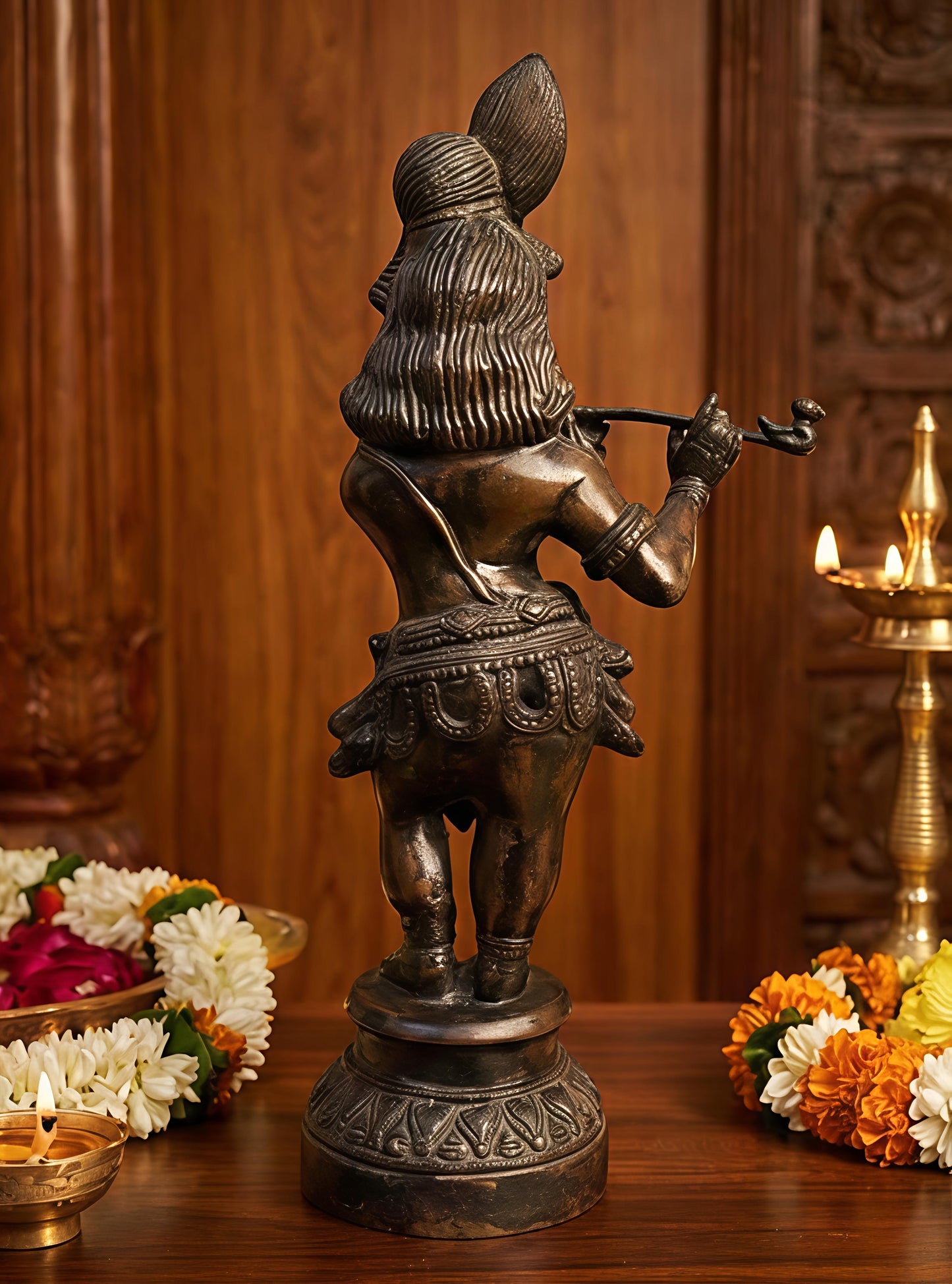 Flute Krishna Brass Statue | Lord Krishna Playing Bansuri Idol for Home & Temple Decor