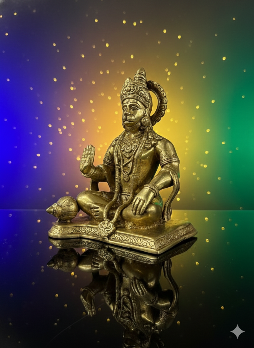Brass Sitting Hanuman Ji Statue | Blessing Pose Bajrangbali Murti for Home & Temple
