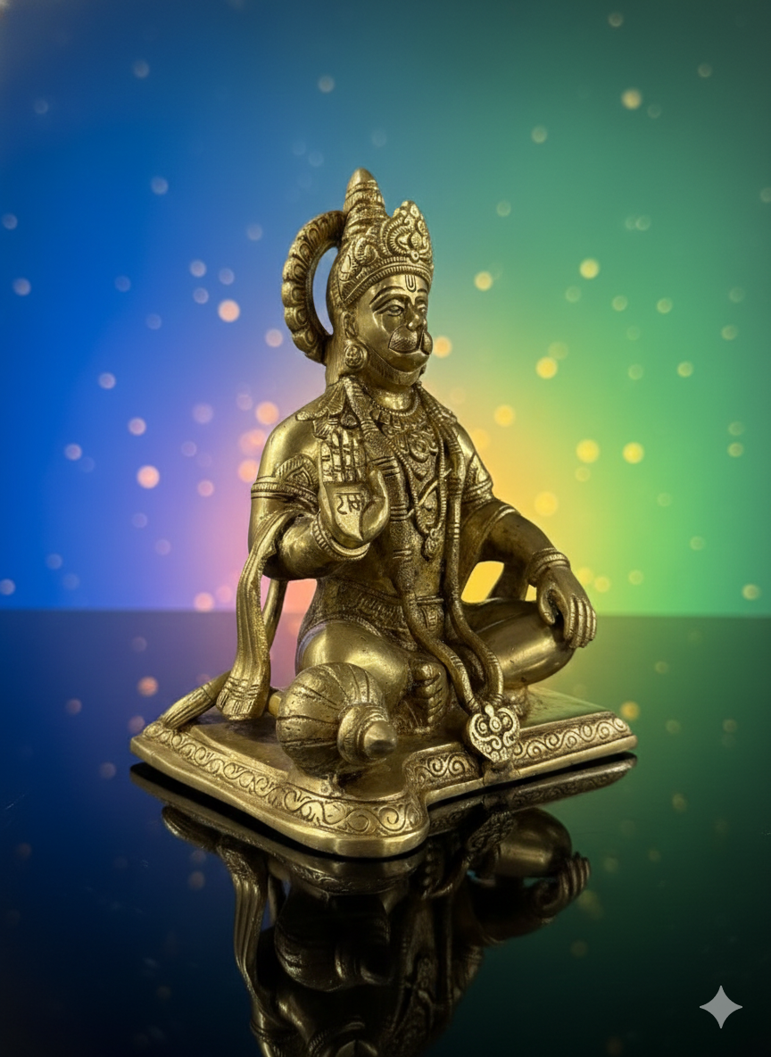 Brass Sitting Hanuman Ji Statue | Blessing Pose Bajrangbali Murti for Home & Temple
