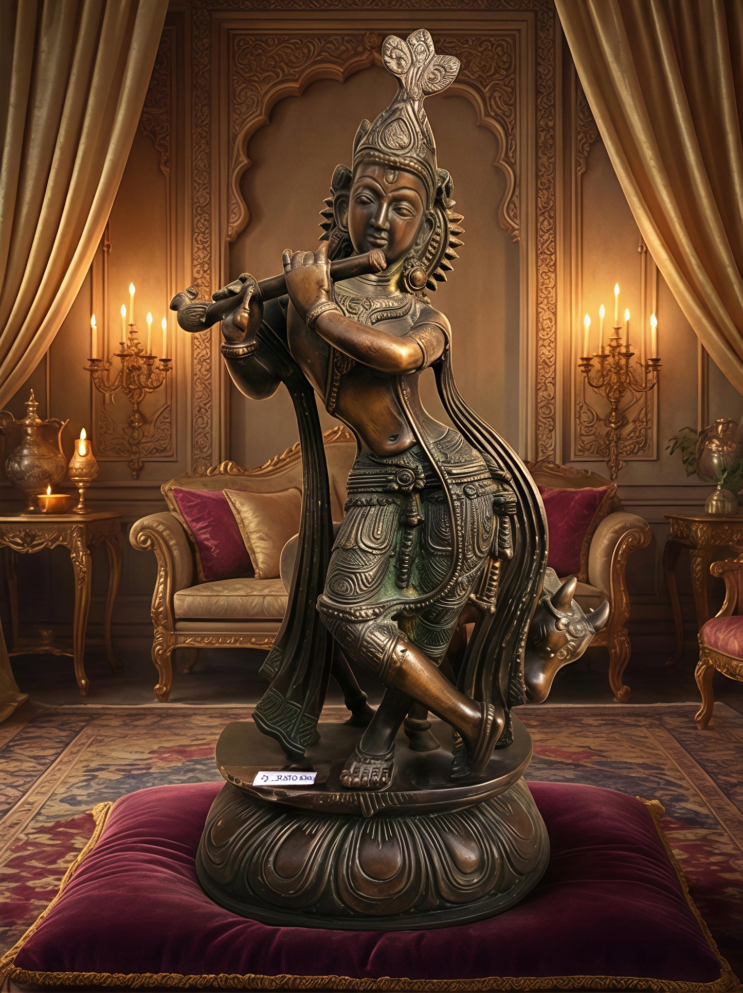 Cow Krishna Brass Metal Antique Style Statue – Divine Bala Gopala with Cow | Traditional Handcrafted Brass Idol for Home Temple & Vastu Décor