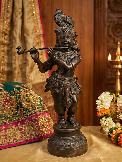Flute Krishna Brass Statue | Lord Krishna Playing Bansuri Idol for Home & Temple Decor