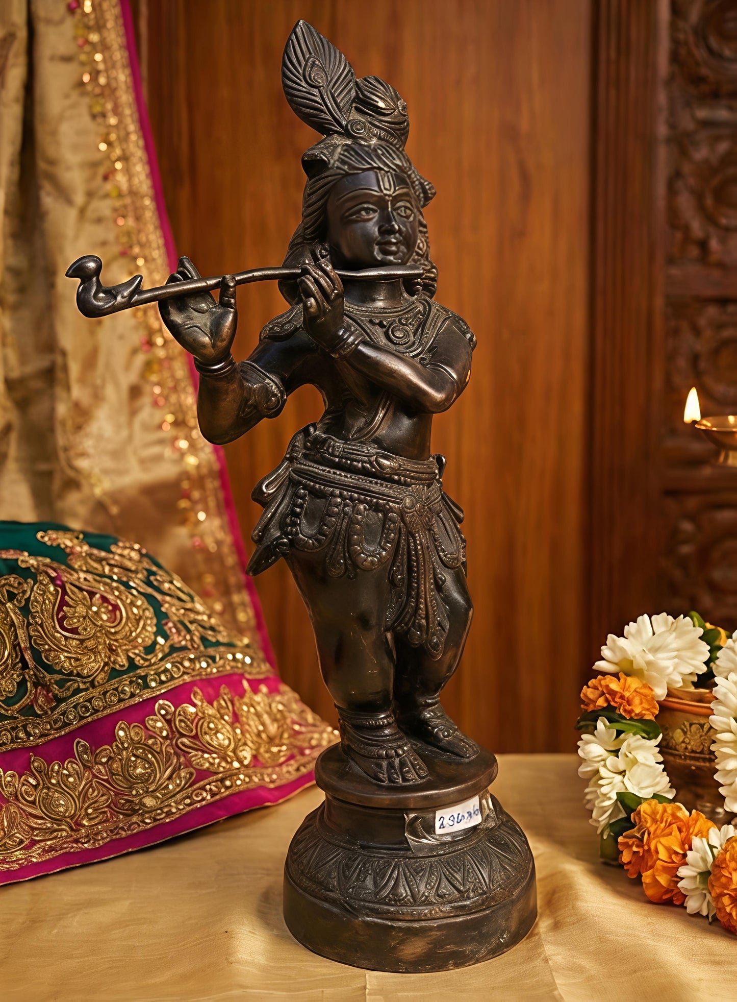 Flute Krishna Brass Statue | Lord Krishna Playing Bansuri Idol for Home & Temple Decor