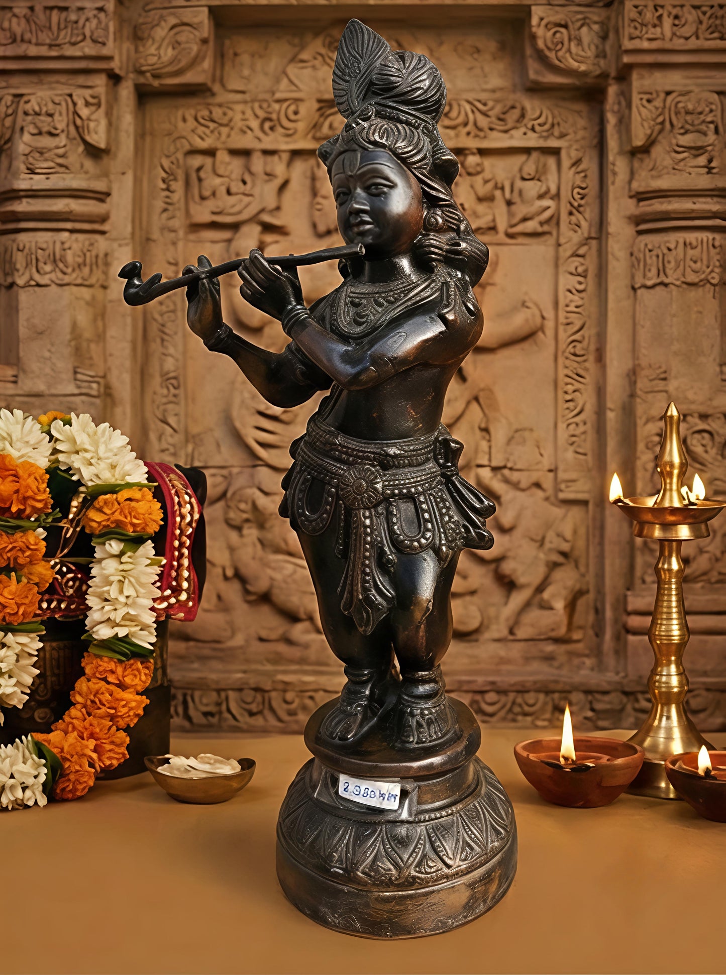 Flute Krishna Brass Statue | Lord Krishna Playing Bansuri Idol for Home & Temple Decor